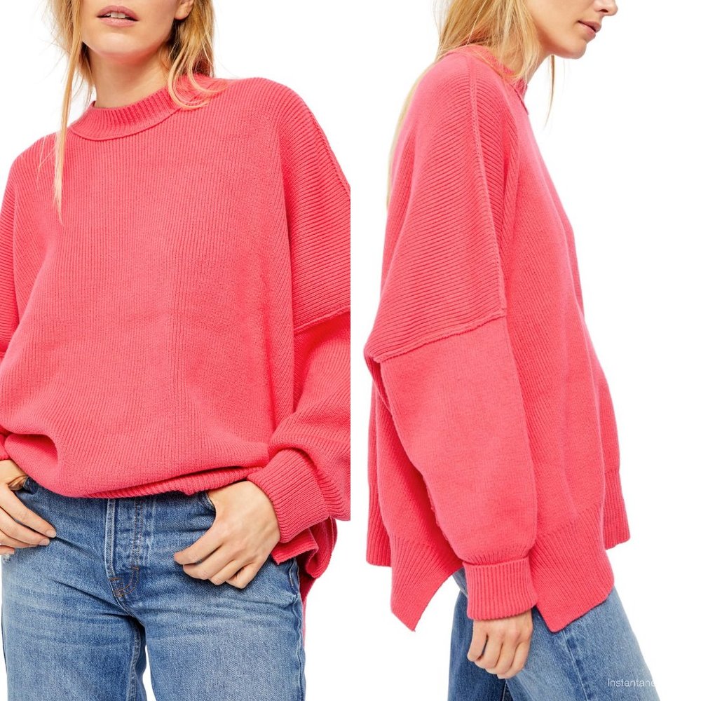Free People Oversized Coral Pink Ribbed Pullover Sweater